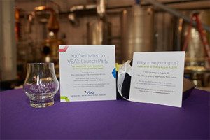 Invitations designed by Adform Creative, Wigle Whiskey Glasses, Speaker at VBA Launch Party with Crowd